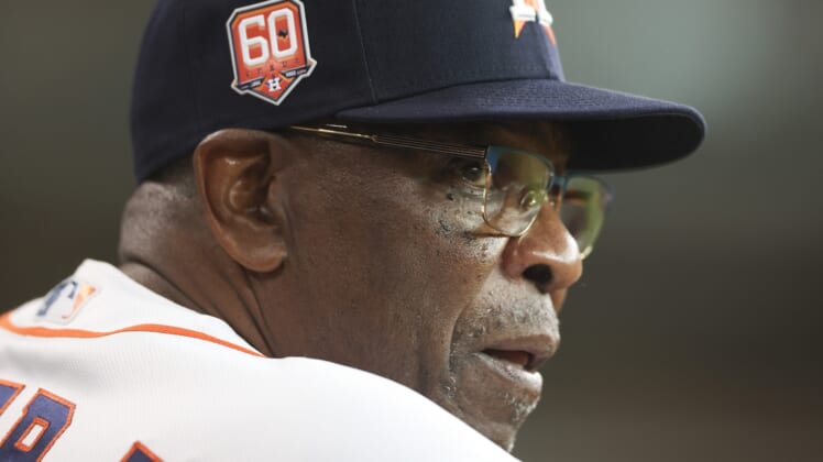 May 7, 2022; Houston, Texas, USA;  Houston Astros manager Dusty Baker Jr. (12) watches play against the Detroit Tigers in the eighth inning at Minute Maid Park. Mandatory Credit: Thomas Shea-USA TODAY Sports