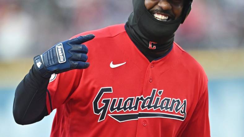 May 7, 2022; Cleveland, Ohio, USA; Cleveland Guardians right fielder Franmil Reyes (32) rounds the bases after hitting a home run during the third inning against the Toronto Blue Jays at Progressive Field. Mandatory Credit: Ken Blaze-USA TODAY Sports