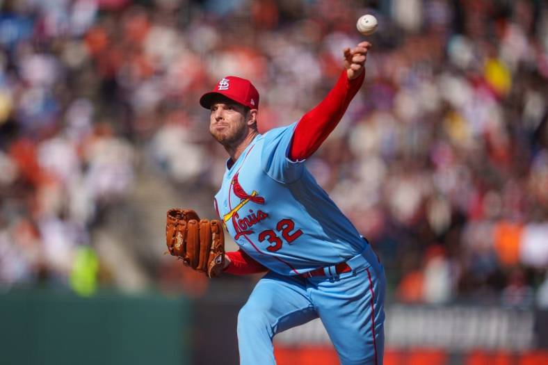 May 7, 2022; San Francisco, California, USA;  St. Louis Cardinals starting pitcher Steven Matz (32) delivers a pitch during the first inning against the San Francisco Giants at Oracle Park. Mandatory Credit: Neville E. Guard-USA TODAY Sports
