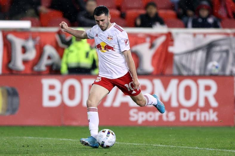 May 7, 2022; Harrison, New Jersey, USA;  New York Red Bulls midfielder Lewis Morgan (10) shoots the ball against the Portland Timbers during the second half at Red Bull Arena. Mandatory Credit: Vincent Carchietta-USA TODAY Sports