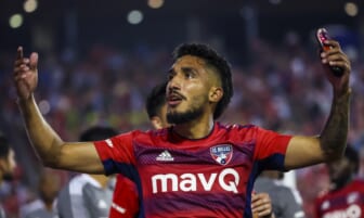 May 7, 2022; Frisco, Texas, USA;  FC Dallas forward Jesus Ferreira (10) celebrates with teammates after scoring a goal during the second half against the Seattle Sounders at Toyota Stadium. Mandatory Credit: Kevin Jairaj-USA TODAY Sports