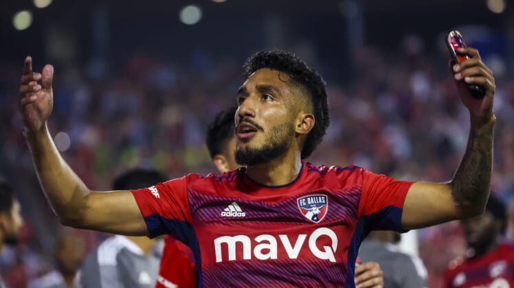 May 7, 2022; Frisco, Texas, USA;  FC Dallas forward Jesus Ferreira (10) celebrates with teammates after scoring a goal during the second half against the Seattle Sounders at Toyota Stadium. Mandatory Credit: Kevin Jairaj-USA TODAY Sports