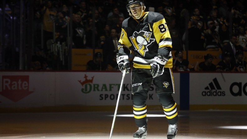 May 7, 2022; Pittsburgh, Pennsylvania, USA; Pittsburgh Penguins center Sidney Crosby (87) takes the ice against the New York Rangers during the first period in game three of the first round of the 2022 Stanley Cup Playoffs at PPG Paints Arena. The Penguins won 7-4. Mandatory Credit: Charles LeClaire-USA TODAY Sports