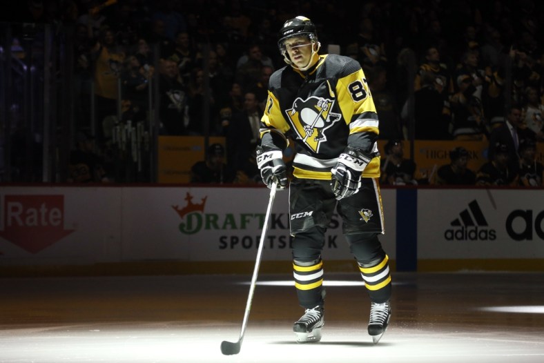 May 7, 2022; Pittsburgh, Pennsylvania, USA; Pittsburgh Penguins center Sidney Crosby (87) takes the ice against the New York Rangers during the first period in game three of the first round of the 2022 Stanley Cup Playoffs at PPG Paints Arena. The Penguins won 7-4. Mandatory Credit: Charles LeClaire-USA TODAY Sports