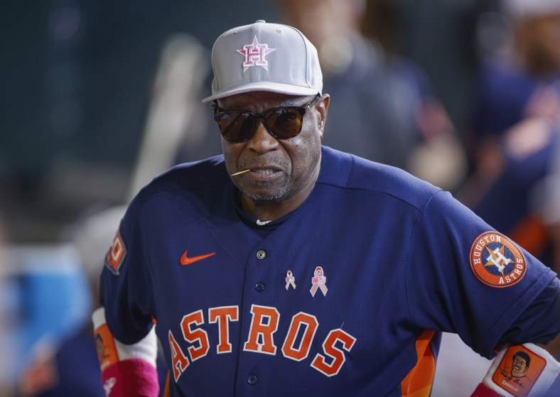 May 8, 2022; Houston, Texas, USA; Houston Astros manager Dusty Baker Jr. (12) walks in the dugout before the game against the Detroit Tigers at Minute Maid Park. Mandatory Credit: Troy Taormina-USA TODAY Sports