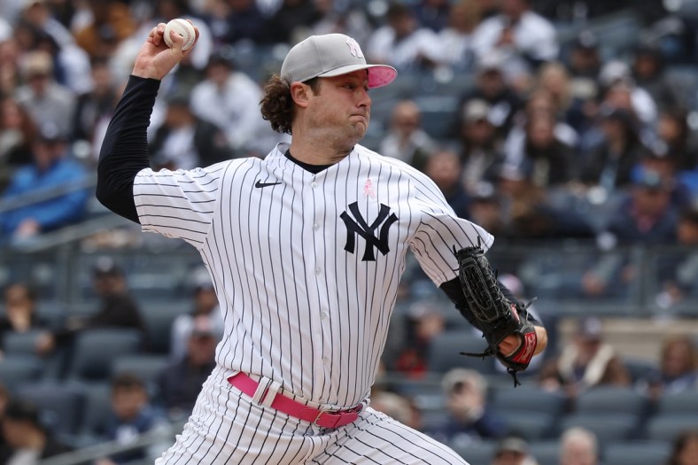 May 8, 2022; Bronx, New York, USA; New York Yankees starting pitcher Gerrit Cole (45) delivers a pitch during the first inning against the Texas Rangers at Yankee Stadium. Mandatory Credit: Vincent Carchietta-USA TODAY Sports
