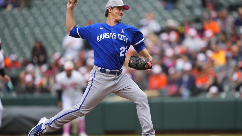 May 8, 2022; Baltimore, Maryland, USA; Kansas City Royals pitcher Zach Greinke (23) delivers a pitch against the Baltimore Orioles during the first inning at Oriole Park at Camden Yards. Mandatory Credit: Gregory Fisher-USA TODAY Sports