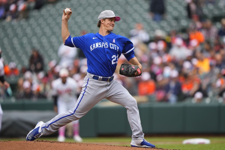 May 8, 2022; Baltimore, Maryland, USA; Kansas City Royals pitcher Zach Greinke (23) delivers a pitch against the Baltimore Orioles during the first inning at Oriole Park at Camden Yards. Mandatory Credit: Gregory Fisher-USA TODAY Sports