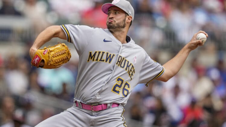 May 8, 2022; Cumberland, Georgia, USA; Milwaukee Brewers starting pitcher Aaron Ashby (26) pitches against the Atlanta Braves during the second inning at Truist Park. Mandatory Credit: Dale Zanine-USA TODAY Sports