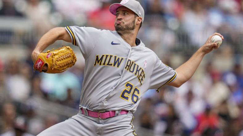 May 8, 2022; Cumberland, Georgia, USA; Milwaukee Brewers starting pitcher Aaron Ashby (26) pitches against the Atlanta Braves during the second inning at Truist Park. Mandatory Credit: Dale Zanine-USA TODAY Sports