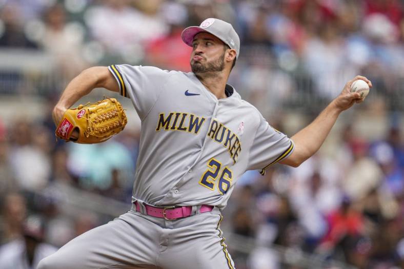 May 8, 2022; Cumberland, Georgia, USA; Milwaukee Brewers starting pitcher Aaron Ashby (26) pitches against the Atlanta Braves during the second inning at Truist Park. Mandatory Credit: Dale Zanine-USA TODAY Sports