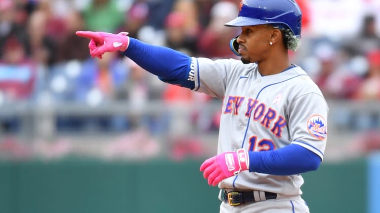 May 8, 2022; Philadelphia, Pennsylvania, USA; New York Mets shortstop Francisco Lindor (12) celebrates his RBI double against the Philadelphia Phillies during the sixth inning at Citizens Bank Park. Mandatory Credit: Eric Hartline-USA TODAY Sports