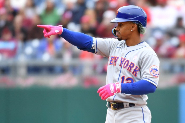 May 8, 2022; Philadelphia, Pennsylvania, USA; New York Mets shortstop Francisco Lindor (12) celebrates his RBI double against the Philadelphia Phillies during the sixth inning at Citizens Bank Park. Mandatory Credit: Eric Hartline-USA TODAY Sports