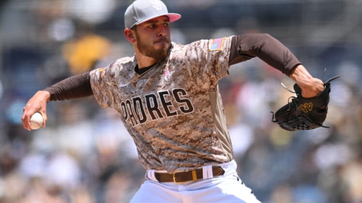 May 8, 2022; San Diego, California, USA; San Diego Padres starting pitcher Joe Musgrove (44) throws a pitch against the Miami Marlins during the first inning at Petco Park. Mandatory Credit: Orlando Ramirez-USA TODAY Sports