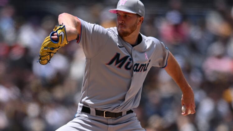 May 8, 2022; San Diego, California, USA; Miami Marlins starting pitcher Trevor Rogers (28) throws a pitch against the San Diego Padres during the first inning at Petco Park. Mandatory Credit: Orlando Ramirez-USA TODAY Sports