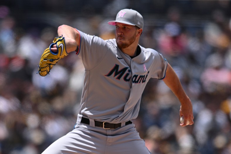 May 8, 2022; San Diego, California, USA; Miami Marlins starting pitcher Trevor Rogers (28) throws a pitch against the San Diego Padres during the first inning at Petco Park. Mandatory Credit: Orlando Ramirez-USA TODAY Sports