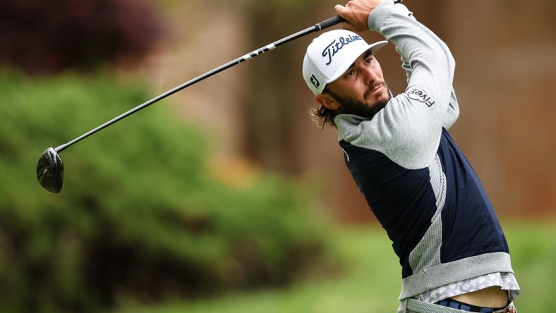 May 8, 2022; Potomac, Maryland, USA; Max Homa plays his shot from the seventh tee during the final round of the Wells Fargo Championship golf tournament. Mandatory Credit: Scott Taetsch-USA TODAY Sports