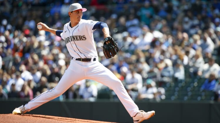May 8, 2022; Seattle, Washington, USA; Seattle Mariners starting pitcher George Kirby (68) throws against the Tampa Bay Rays during the first inning at T-Mobile Park. Mandatory Credit: Joe Nicholson-USA TODAY Sports