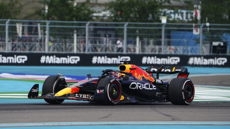 May 8, 2022; Miami Gardens, Florida, USA; Red Bull driver Max Verstappen of the Netherlands races in turn five during the Miami Grand Prix at Miami International Autodrome. Mandatory Credit: John David Mercer-USA TODAY Sports
