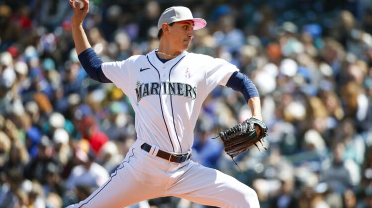 May 8, 2022; Seattle, Washington, USA; Seattle Mariners starting pitcher George Kirby (68) throws against the Tampa Bay Rays during the third inning at T-Mobile Park. Mandatory Credit: Joe Nicholson-USA TODAY Sports
