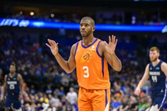 May 8, 2022; Dallas, Texas, USA; Phoenix Suns guard Chris Paul (3) reacts to receiving his sixth foul call and fouling out of the game against the Dallas Mavericks during the fourth quarter during game four of the second round for the 2022 NBA playoffs at American Airlines Center. Mandatory Credit: Jerome Miron-USA TODAY Sports