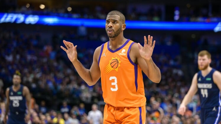 May 8, 2022; Dallas, Texas, USA; Phoenix Suns guard Chris Paul (3) reacts to receiving his sixth foul call and fouling out of the game against the Dallas Mavericks during the fourth quarter during game four of the second round for the 2022 NBA playoffs at American Airlines Center. Mandatory Credit: Jerome Miron-USA TODAY Sports