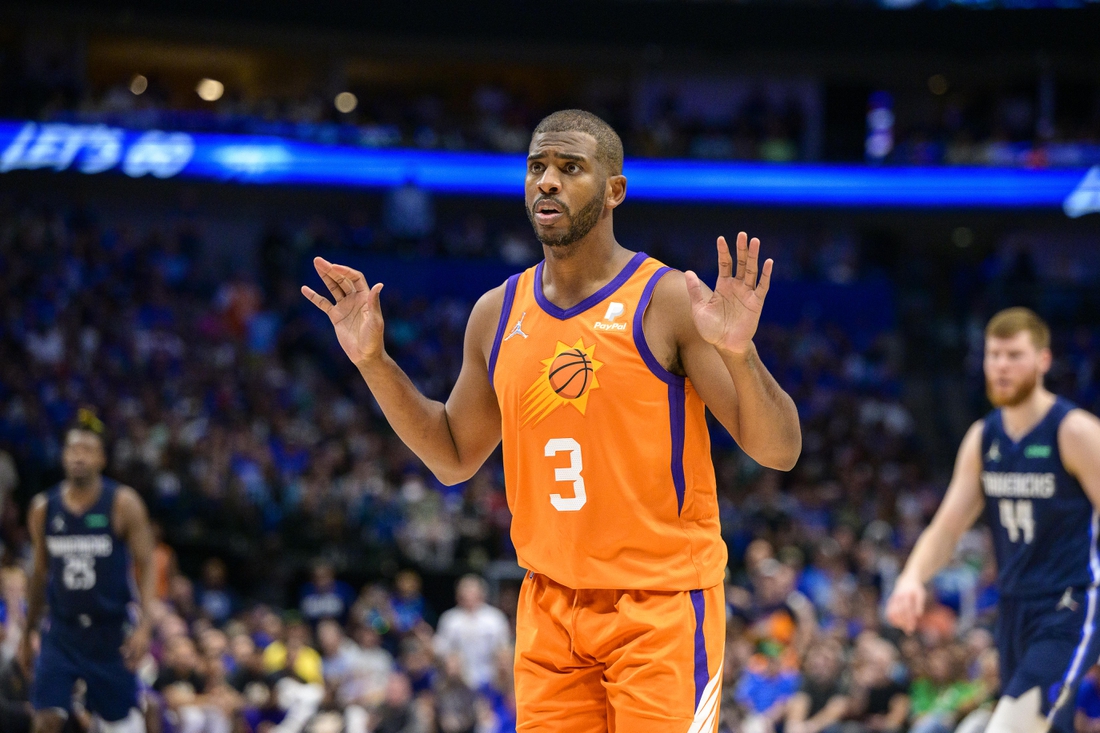 May 8, 2022; Dallas, Texas, USA; Phoenix Suns guard Chris Paul (3) reacts to receiving his sixth foul call and fouling out of the game against the Dallas Mavericks during the fourth quarter during game four of the second round for the 2022 NBA playoffs at American Airlines Center. Mandatory Credit: Jerome Miron-USA TODAY Sports