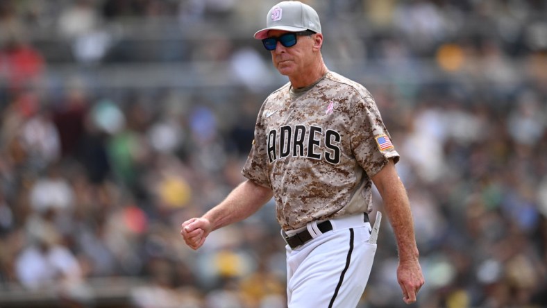 May 8, 2022; San Diego, California, USA; San Diego Padres manager Bob Melvin walks to the dugout during the seventh inning against the Miami Marlins at Petco Park. Mandatory Credit: Orlando Ramirez-USA TODAY Sports