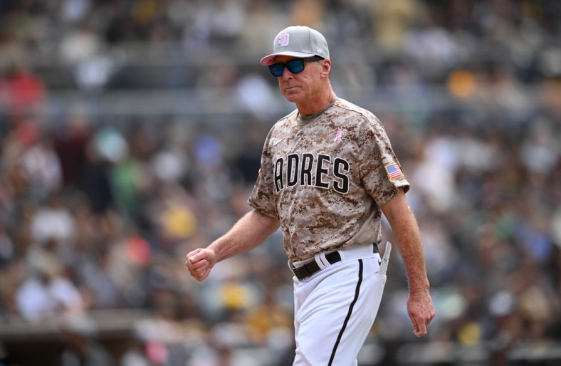 May 8, 2022; San Diego, California, USA; San Diego Padres manager Bob Melvin walks to the dugout during the seventh inning against the Miami Marlins at Petco Park. Mandatory Credit: Orlando Ramirez-USA TODAY Sports