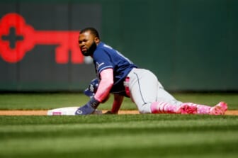 May 8, 2022; Seattle, Washington, USA; Tampa Bay Rays right fielder Manuel Margot (13) steals second base against the Seattle Mariners during the fifth inning at T-Mobile Park. Mandatory Credit: Joe Nicholson-USA TODAY Sports