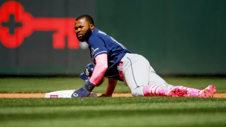 May 8, 2022; Seattle, Washington, USA; Tampa Bay Rays right fielder Manuel Margot (13) steals second base against the Seattle Mariners during the fifth inning at T-Mobile Park. Mandatory Credit: Joe Nicholson-USA TODAY Sports