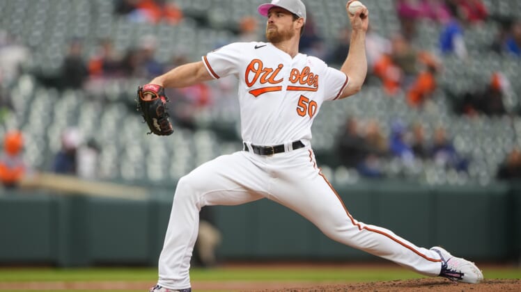 May 8, 2022; Baltimore, Maryland, USA; Baltimore Orioles pitcher Bruce Zimmermann (50) delivers a pitch against the Kansas City Royals during the second inning at Oriole Park at Camden Yards. Mandatory Credit: Gregory Fisher-USA TODAY Sports