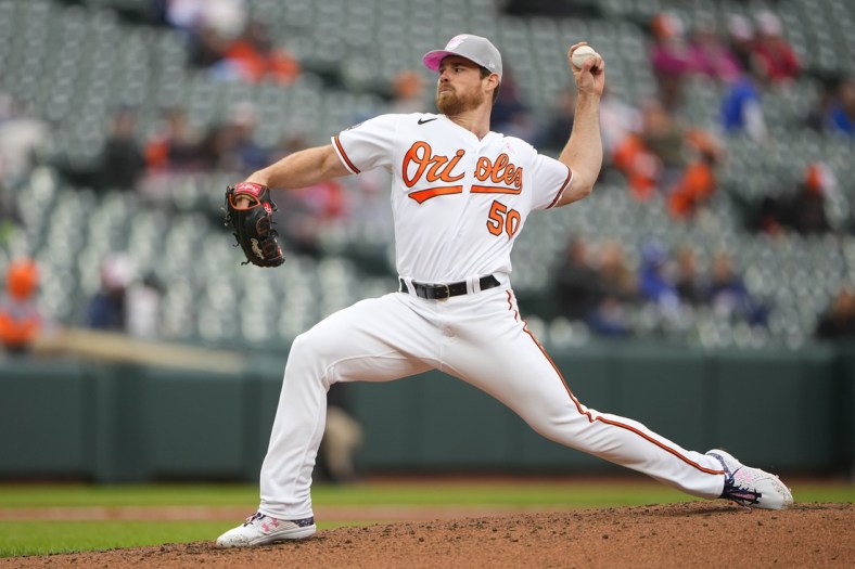 May 8, 2022; Baltimore, Maryland, USA; Baltimore Orioles pitcher Bruce Zimmermann (50) delivers a pitch against the Kansas City Royals during the second inning at Oriole Park at Camden Yards. Mandatory Credit: Gregory Fisher-USA TODAY Sports