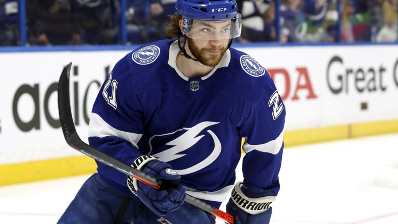 May 8, 2022; Tampa, Florida, USA; Tampa Bay Lightning center Brayden Point (21) prior to game four of the first round of the 2022 Stanley Cup Playoffs against the Toronto Maple Leafs at Amalie Arena. Mandatory Credit: Kim Klement-USA TODAY Sports