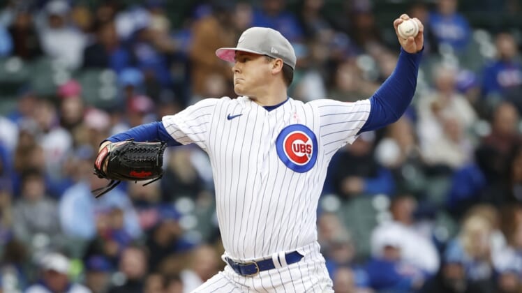 May 8, 2022; Chicago, Illinois, USA; Chicago Cubs starting pitcher Justin Steele (35) delivers against the Los Angeles Dodgers during the first inning at Wrigley Field. Mandatory Credit: Kamil Krzaczynski-USA TODAY Sports