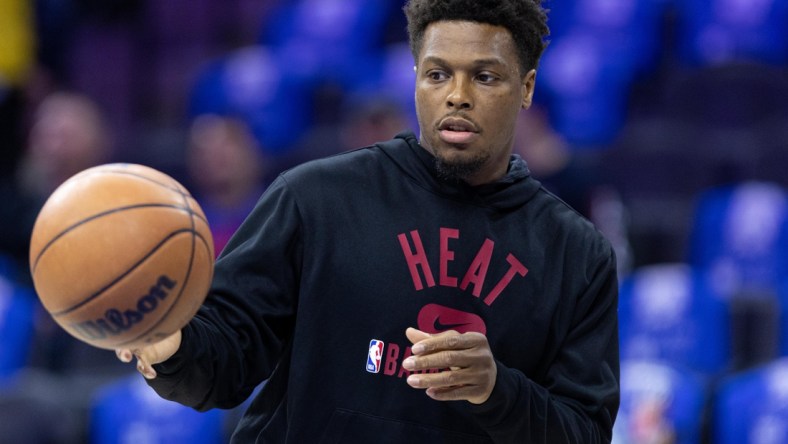 May 8, 2022; Philadelphia, Pennsylvania, USA; Miami Heat guard Kyle Lowry warms up before action against the Philadelphia 76ers in game four of the second round for the 2022 NBA playoffs at Wells Fargo Center. Mandatory Credit: Bill Streicher-USA TODAY Sports