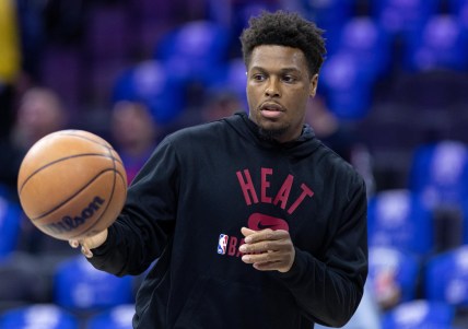 May 8, 2022; Philadelphia, Pennsylvania, USA; Miami Heat guard Kyle Lowry warms up before action against the Philadelphia 76ers in game four of the second round for the 2022 NBA playoffs at Wells Fargo Center. Mandatory Credit: Bill Streicher-USA TODAY Sports