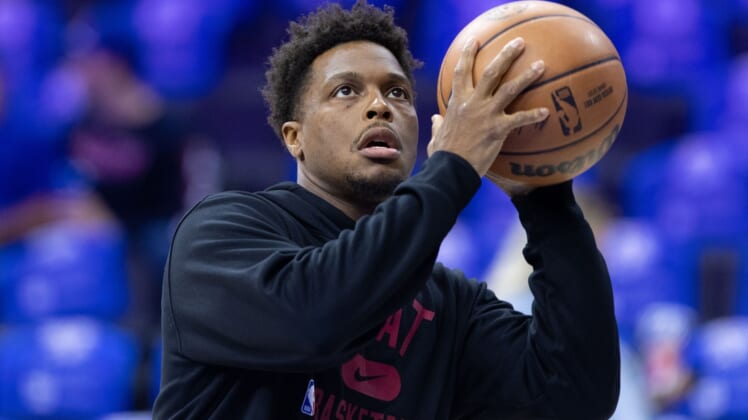 May 8, 2022; Philadelphia, Pennsylvania, USA; Miami Heat guard Kyle Lowry warms up before action against the Philadelphia 76ers in game four of the second round for the 2022 NBA playoffs at Wells Fargo Center. Mandatory Credit: Bill Streicher-USA TODAY Sports