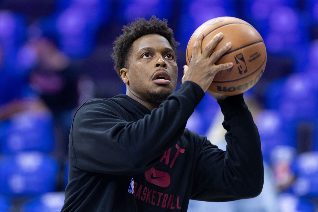 May 8, 2022; Philadelphia, Pennsylvania, USA; Miami Heat guard Kyle Lowry warms up before action against the Philadelphia 76ers in game four of the second round for the 2022 NBA playoffs at Wells Fargo Center. Mandatory Credit: Bill Streicher-USA TODAY Sports