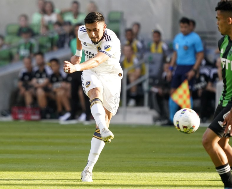 May 8, 2022; Austin, Texas, USA; Los Angeles Galaxy midfielder Marco Delgado (8) scores a goal in the first half against the Los Angeles Galaxy at Q2 Stadium. Mandatory Credit: Scott Wachter-USA TODAY Sports