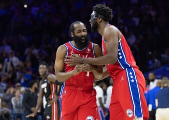 May 8, 2022; Philadelphia, Pennsylvania, USA; Philadelphia 76ers guard James Harden (1) reacts with center Joel Embiid (21) after a score against the Miami Heat during the second quarter in game four of the second round for the 2022 NBA playoffs at Wells Fargo Center. Mandatory Credit: Bill Streicher-USA TODAY Sports