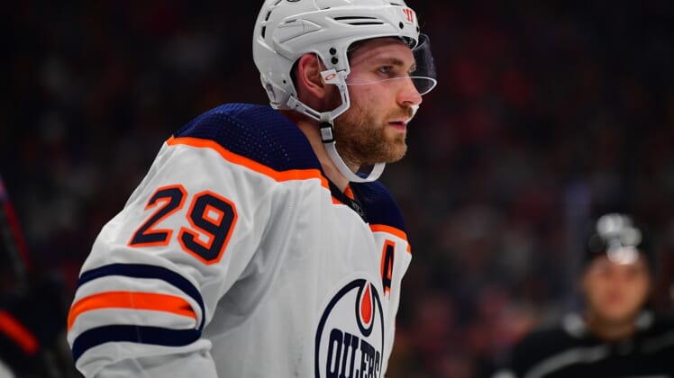 May 8, 2022; Los Angeles, California, USA; Edmonton Oilers center Leon Draisaitl (29) before a face off against the Los Angeles Kings during the second period in game four of the first round of the 2022 Stanley Cup Playoffs at Crypto.com Arena. Mandatory Credit: Gary A. Vasquez-USA TODAY Sports