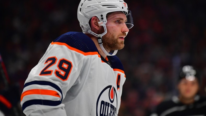 May 8, 2022; Los Angeles, California, USA; Edmonton Oilers center Leon Draisaitl (29) before a face off against the Los Angeles Kings during the second period in game four of the first round of the 2022 Stanley Cup Playoffs at Crypto.com Arena. Mandatory Credit: Gary A. Vasquez-USA TODAY Sports