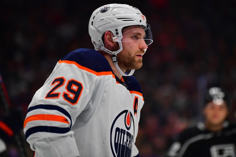 May 8, 2022; Los Angeles, California, USA; Edmonton Oilers center Leon Draisaitl (29) before a face off against the Los Angeles Kings during the second period in game four of the first round of the 2022 Stanley Cup Playoffs at Crypto.com Arena. Mandatory Credit: Gary A. Vasquez-USA TODAY Sports