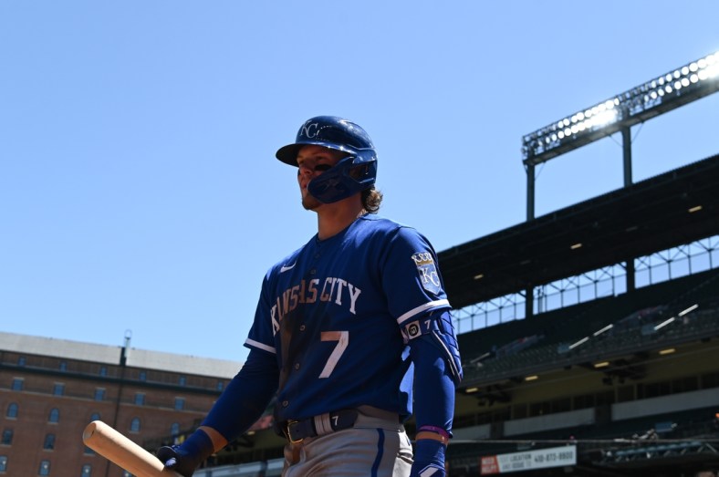 May 9, 2022; Baltimore, Maryland, USA; Kansas City Royals shortstop Bobby Witt Jr. (7) returns to the dugout during the second inning against the Baltimore Orioles  at Oriole Park at Camden Yards. Mandatory Credit: Tommy Gilligan-USA TODAY Sports