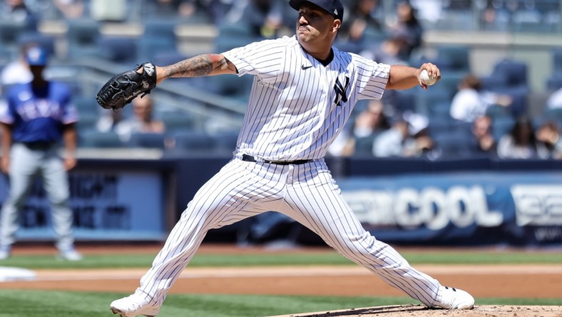 May 9, 2022; Bronx, New York, USA; New York Yankees starting pitcher Nestor Cortes throws a pitch against the Texas Rangers during the second inning at Yankee Stadium. Mandatory Credit: Jessica Alcheh-USA TODAY Sports