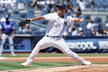 May 9, 2022; Bronx, New York, USA; New York Yankees starting pitcher Nestor Cortes throws a pitch against the Texas Rangers during the second inning at Yankee Stadium. Mandatory Credit: Jessica Alcheh-USA TODAY Sports