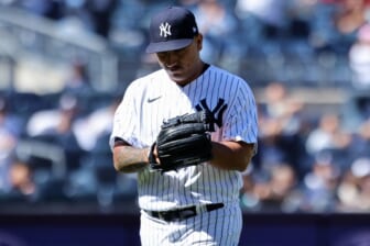 May 9, 2022; Bronx, New York, USA; New York Yankees starting pitcher Nestor Cortes reacts to being taken out of the game during the eighth inning of a baseball game against the Texas Rangers at Yankee Stadium. Mandatory Credit: Jessica Alcheh-USA TODAY Sports