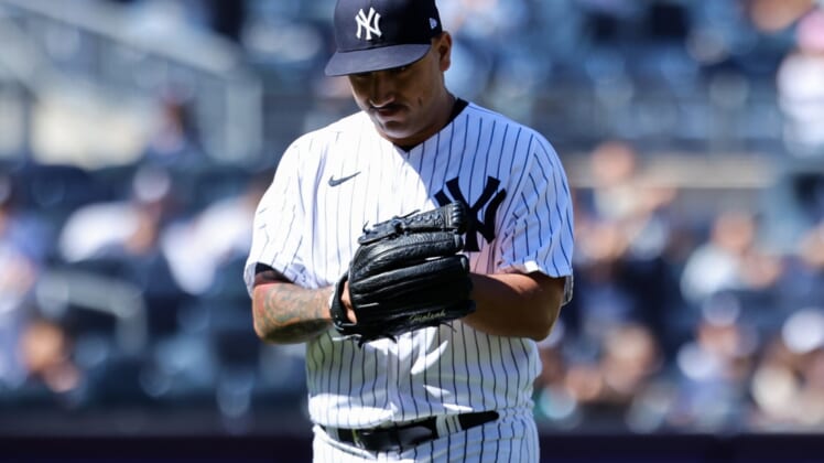 May 9, 2022; Bronx, New York, USA; New York Yankees starting pitcher Nestor Cortes reacts to being taken out of the game during the eighth inning of a baseball game against the Texas Rangers at Yankee Stadium. Mandatory Credit: Jessica Alcheh-USA TODAY Sports