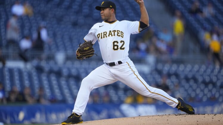 May 9, 2022; Pittsburgh, Pennsylvania, USA; Pittsburgh Pirates pitcher Jose Quintana (62) delivers a pitch against the Los Angeles Dodgers during the first inning at PNC Park. Mandatory Credit: Gregory Fisher-USA TODAY Sports